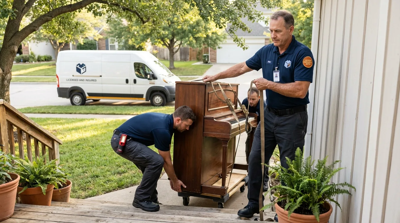 Licensed piano movers securing grand piano in John Day, OR