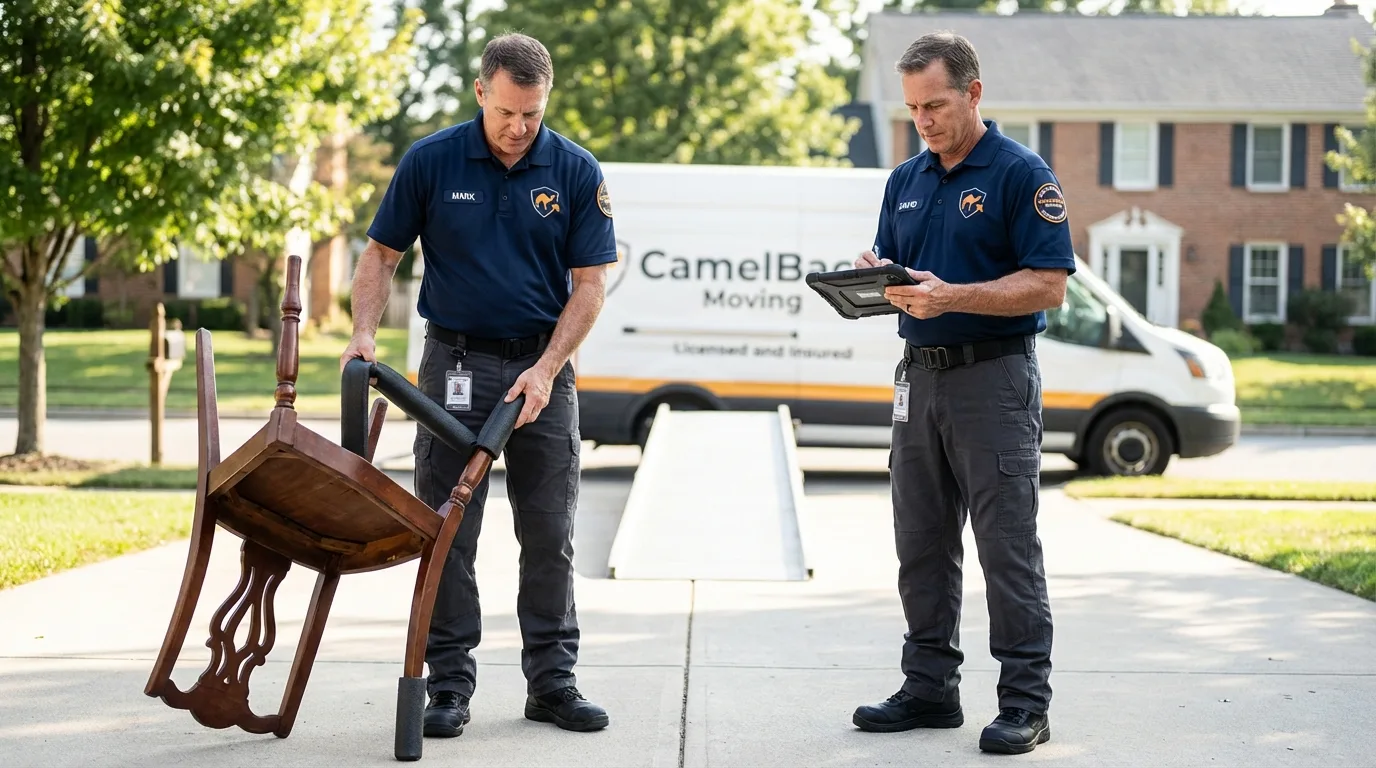 Movers inspecting furniture for damage prevention before loading in John Day, OR