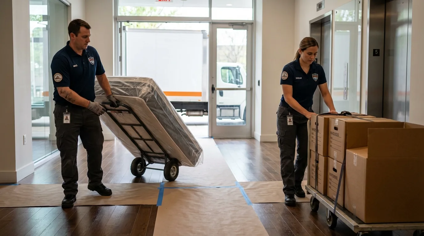 Professional apartment movers loading elevator in John Day, OR